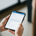 alt_text: Osoba zarządza finansami na urządzeniu mobilnym w spokojnym otoczeniu z dokumentami i kawą.