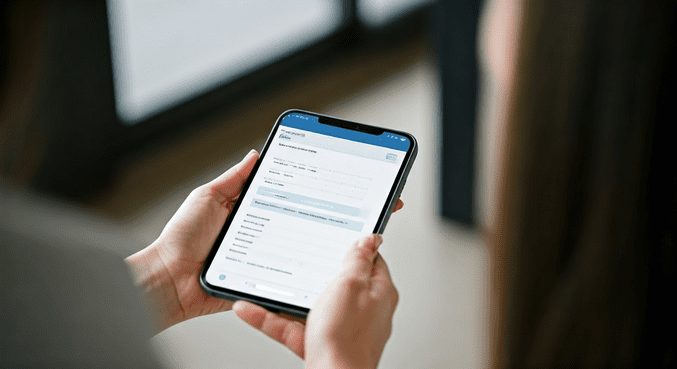 alt_text: Osoba zarządza finansami na urządzeniu mobilnym w spokojnym otoczeniu z dokumentami i kawą.